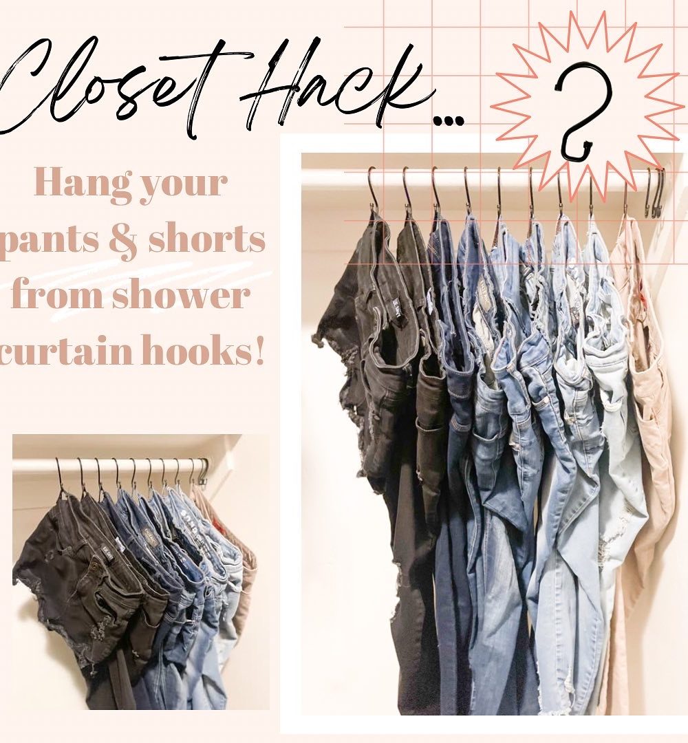 closet hack for hanging pants, jeans and shorts with s shower hooks